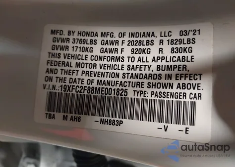 2021 Honda Civic Sport из США, поврежденный, VIN 19XFC2F88ME001825